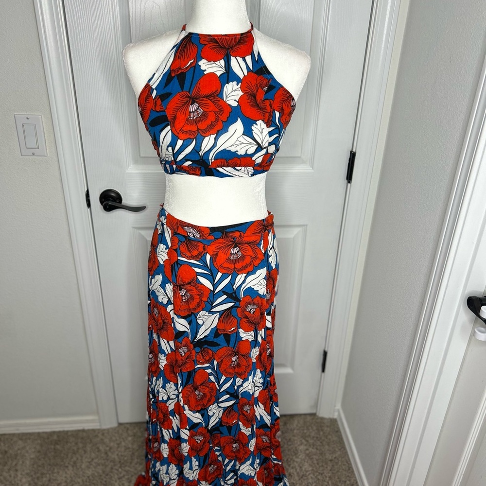 Lulu's Red & Blue Floral Halter Crop Top with Maxi Skirt
